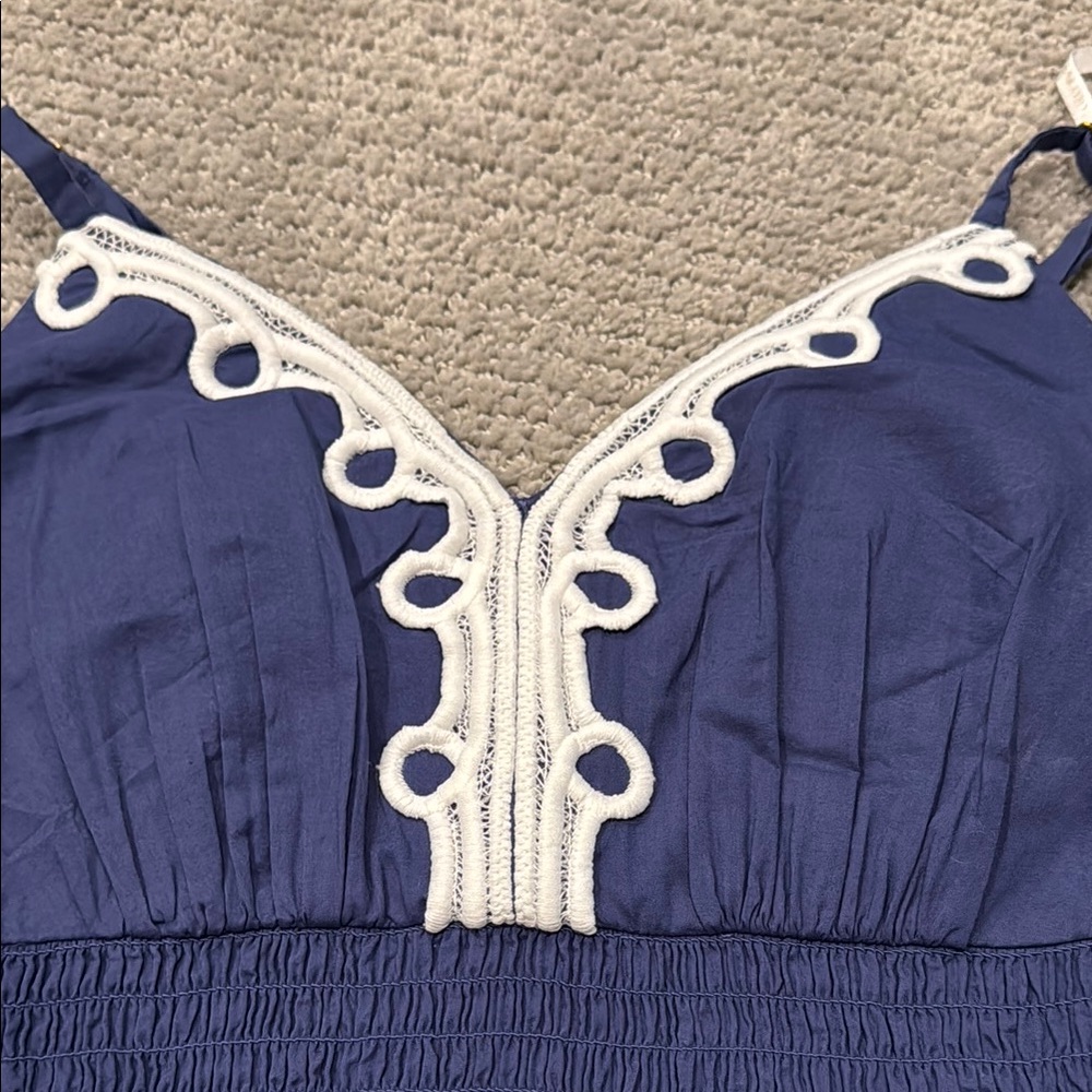 Blue and White Smocked Camisole with Embellished Trim - Picture 3 of 4